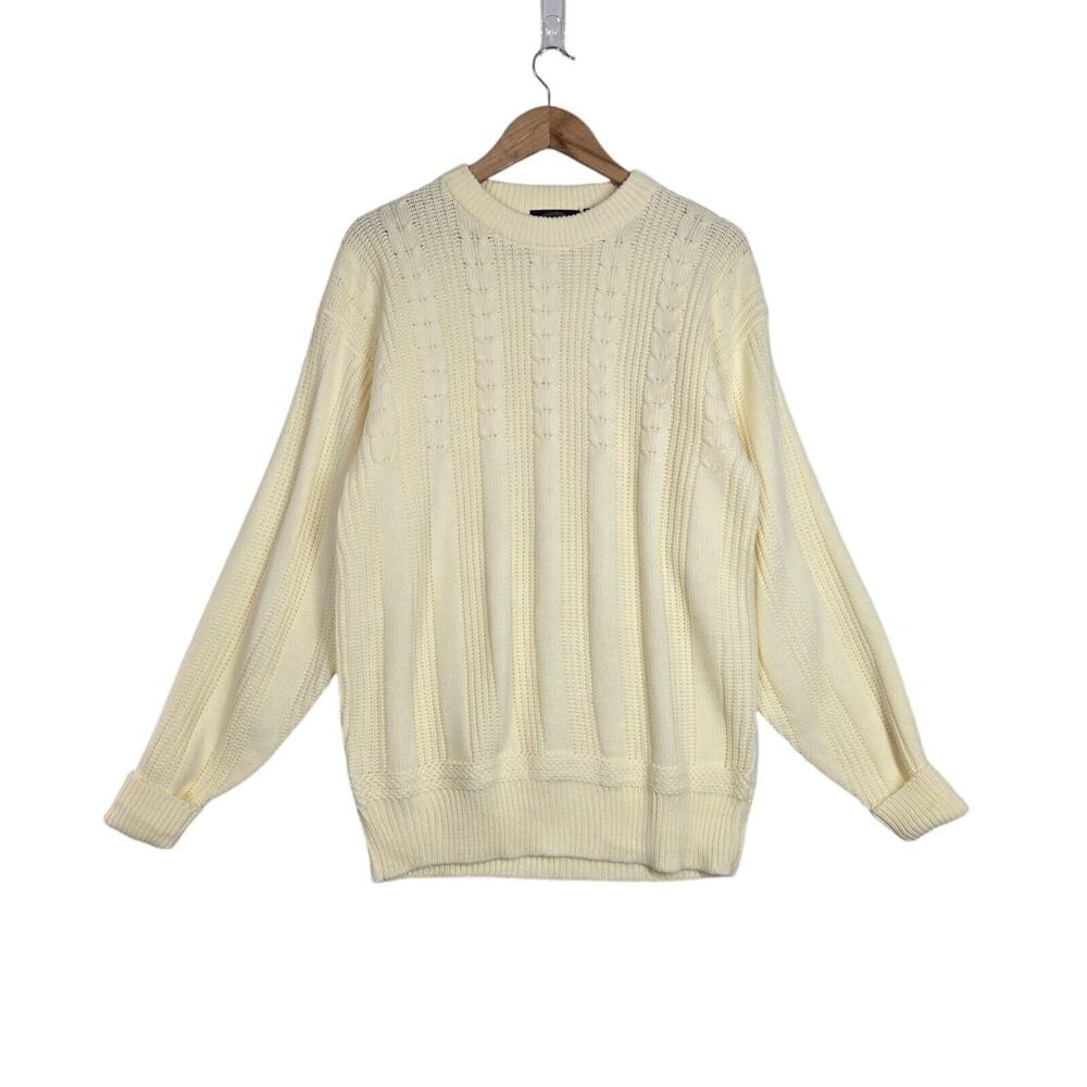Vintage 90s Towncraft Sweater L Buttercream Cable Knit Preppy Dadcore Classic